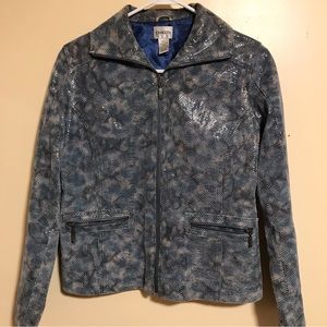Chico’s Leather Reptile Print Full Zip Jacket Shiny Blue Grey with Pockets
